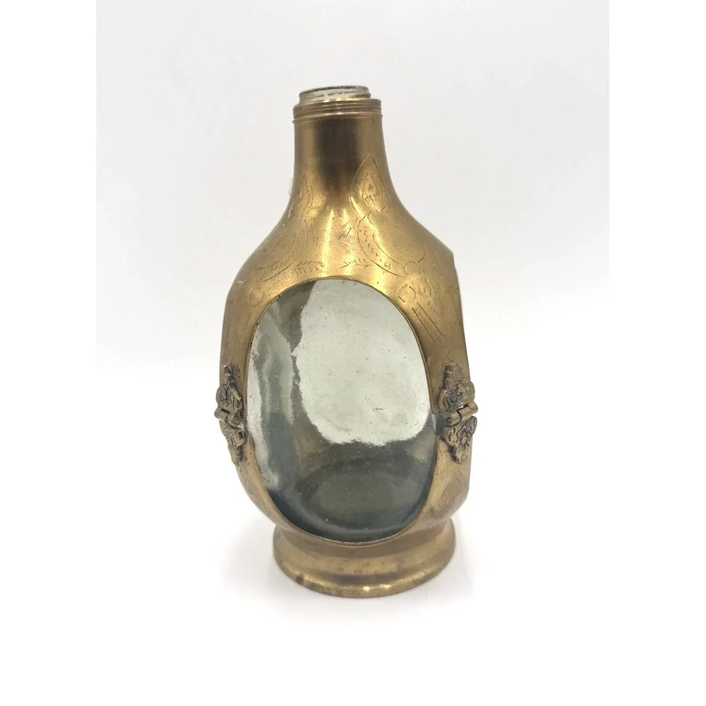 Brass Encased Glass Decanter With Shot Glass Lid Non King Vintage